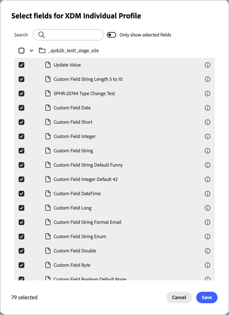 Managed fields selection dialog for standard XDM classes displaying configurable fields options