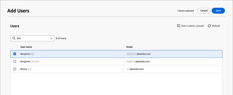 Experience Platform - Add users dialog