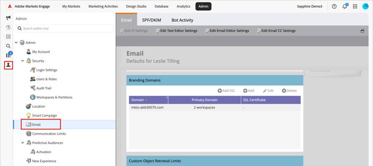 Branding Domains panel in Admin under Email, showing the default domain