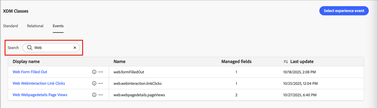 Filter the list of selected events by name