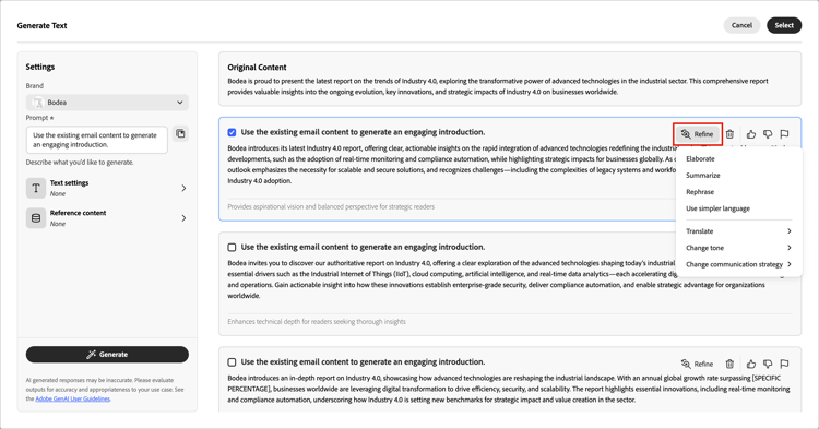 AI Assistant preview of text variation and refinement options