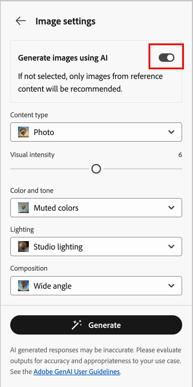 Image settings panel displaying Content type, Visual intensity, Color and tone, Lighting, and Composition options