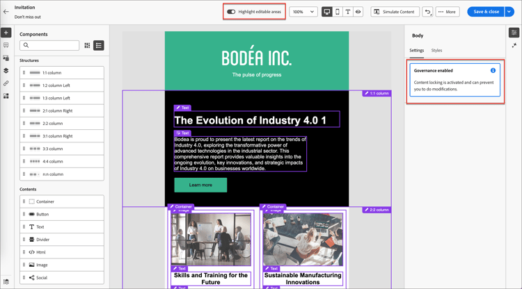 View editable areas in a governed template