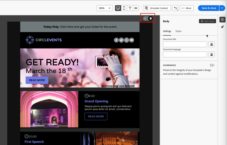 Email design canvas showing the dark mode selector and email content displayed in dark mode