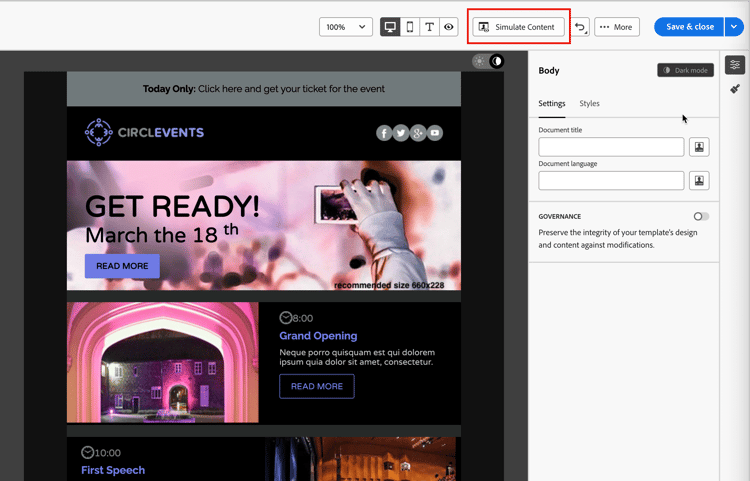 Email design canvas with Simulate Content button highlighted for testing dark mode
