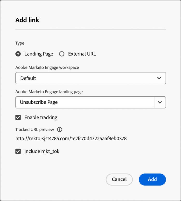 Add link dialog for SMS message