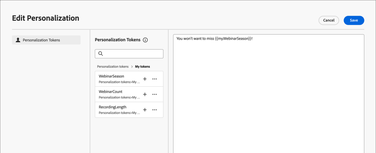 Construct personalized text using My tokens