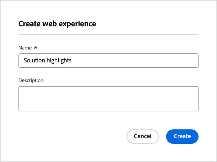 Create web experience dialog