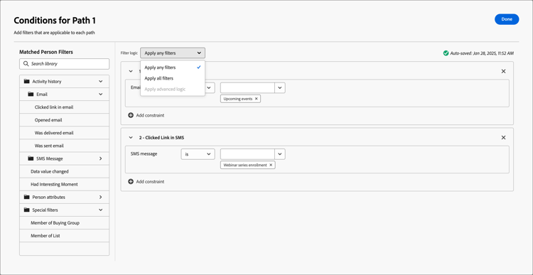 Split path node - conditions person filter logic