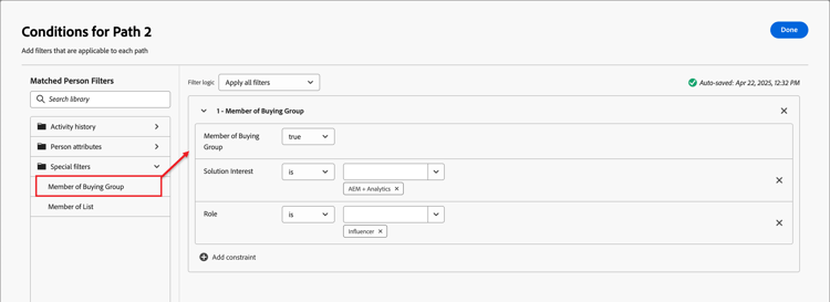 Split path by people condition for buying group membership