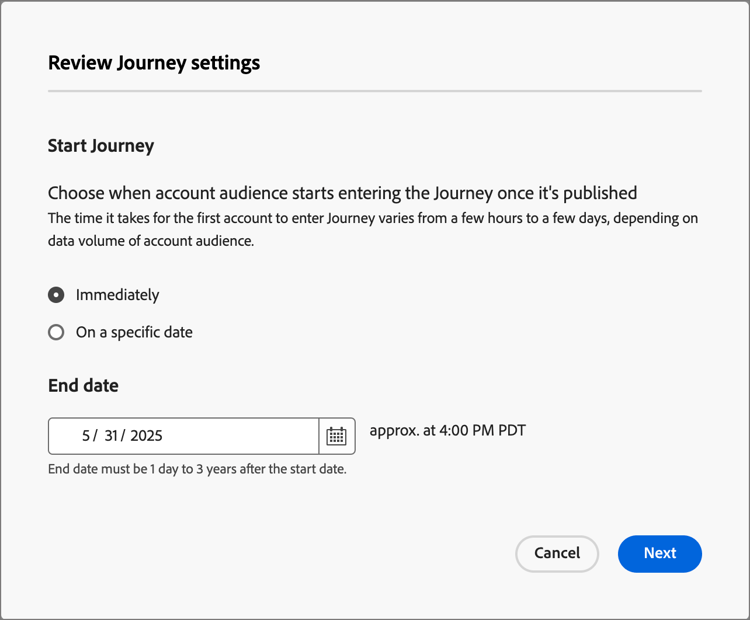 Journey settings dialog