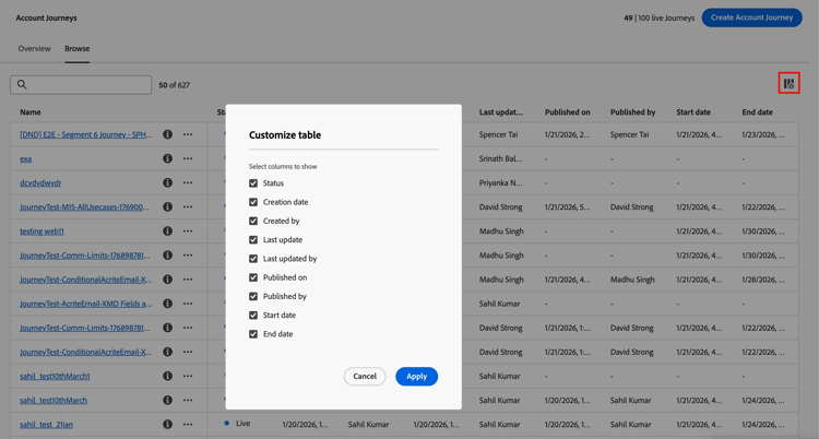 Choose the columns to display in the journeys list