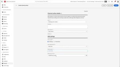 Configure SMS API credentials and channel surfaces