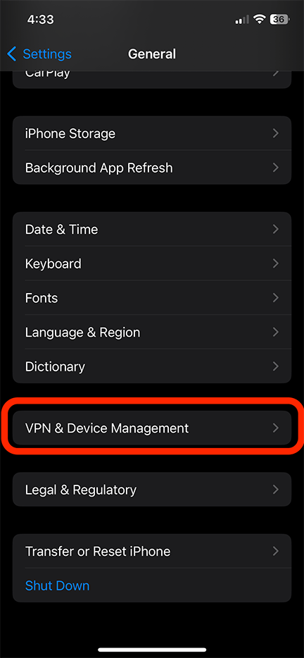 Device management settings screen