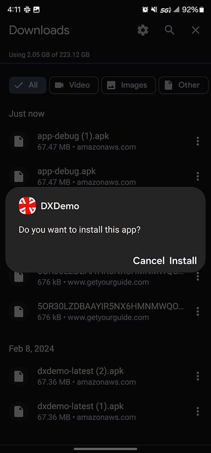 Android download screen