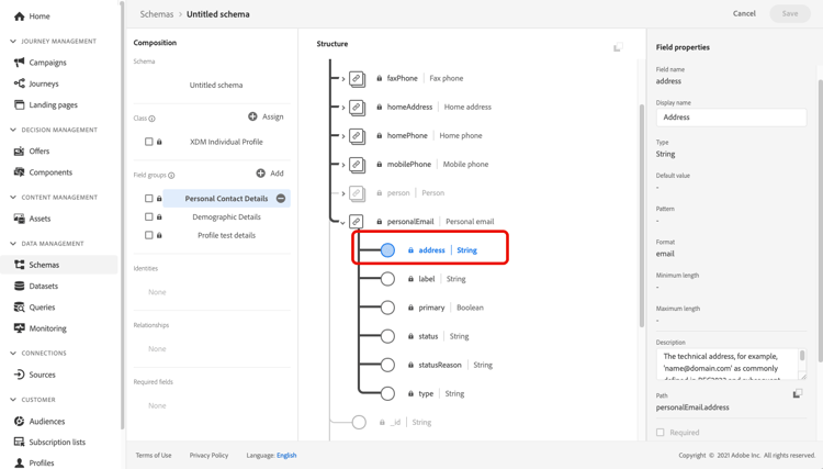 Schema fields list for selecting primary identity