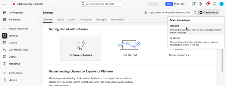 Schemas menu with Create schema button