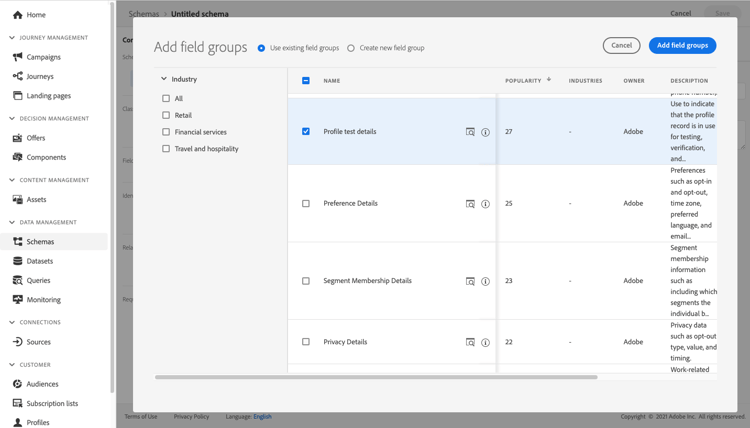 Field groups section with Add button