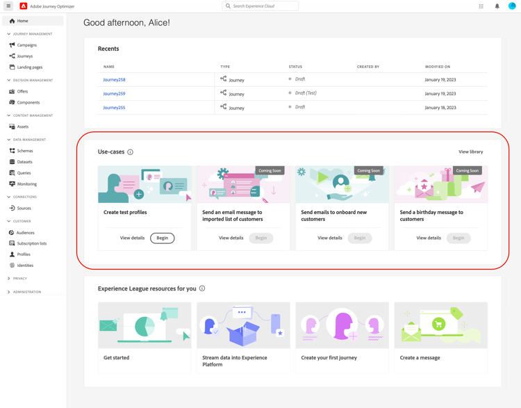 Test profiles use case card on home page