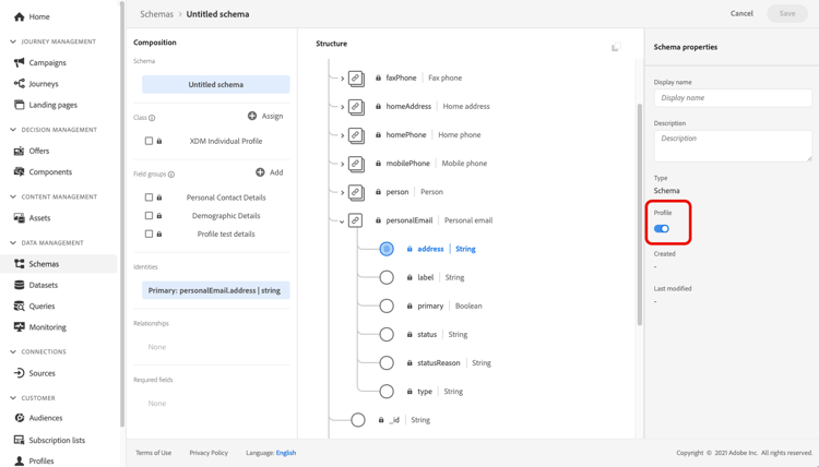 Schema properties pane with Profile option enabled