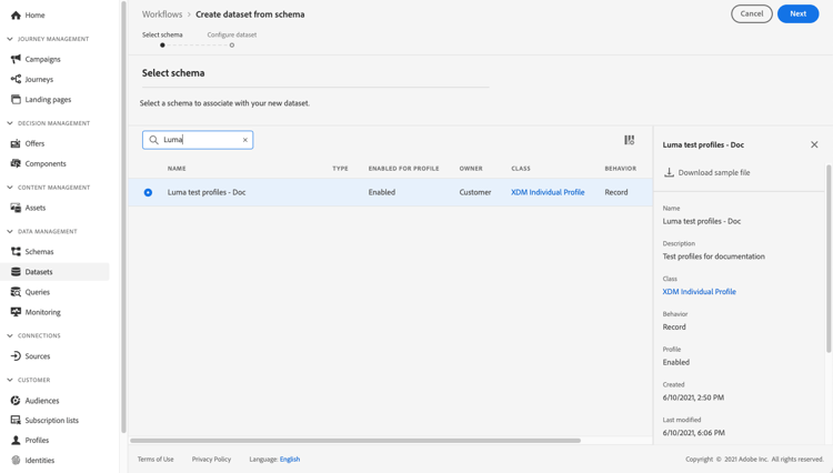 Schema selection screen for dataset creation