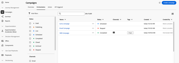 image showing the Orchestrated campaigns inventory
