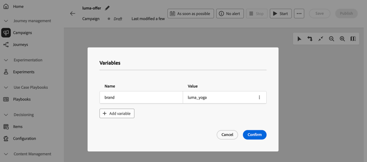 Variables panel to add or edit variables