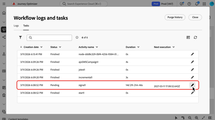 Logs and tasks screen where campaign event variables are available