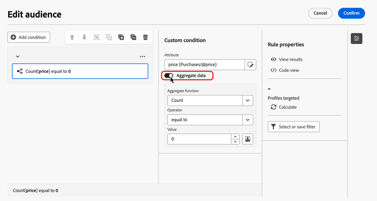 Screenshot of the Aggregate data option
