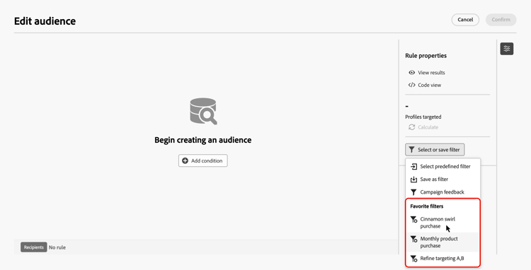 Favorite filters section