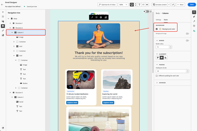 Email Designer Styles panel for a selected column, with the Background color option highlighted