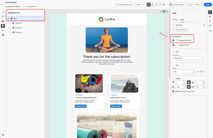 Email Designer with Body selected in the navigation tree and the Background color option highlighted in the Styles panel