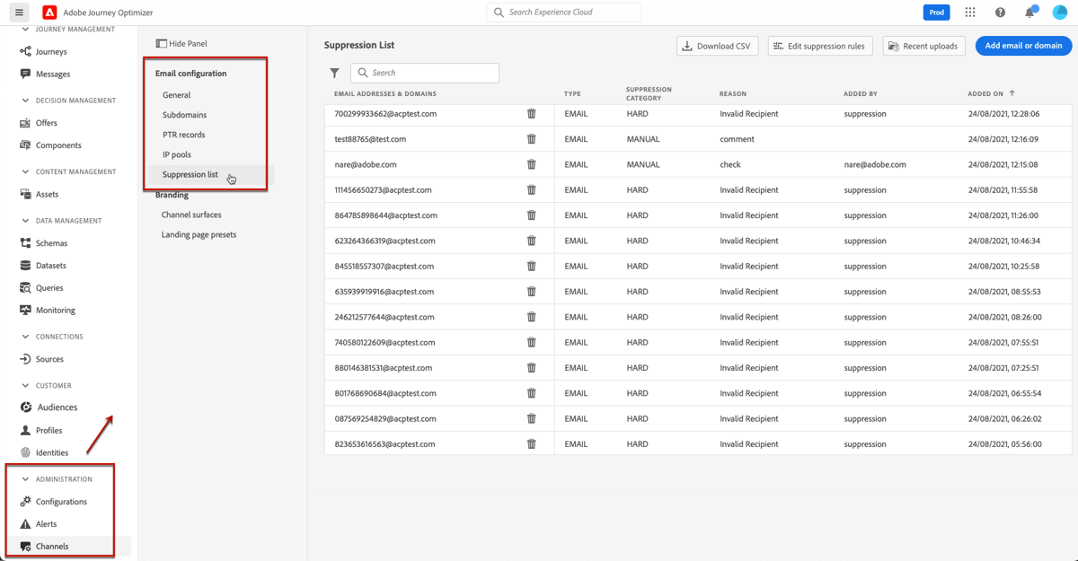 Manage the suppression list | Adobe Journey Optimizer