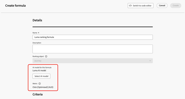 Journey ranking formula details with the Select AI model button