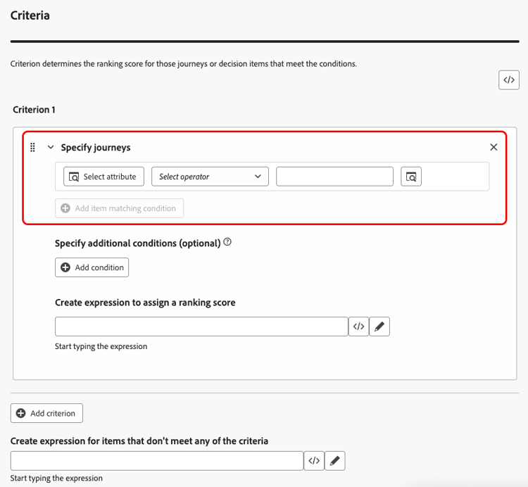 Criterion 1 section with journey attribute, operator, and matching condition