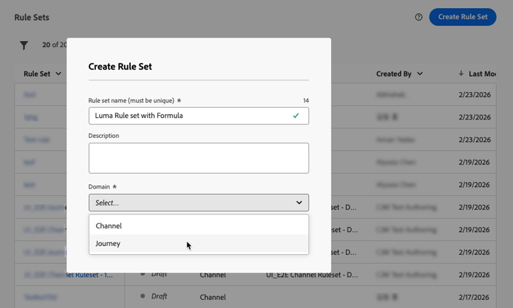 Rule set properties with Journey domain selected