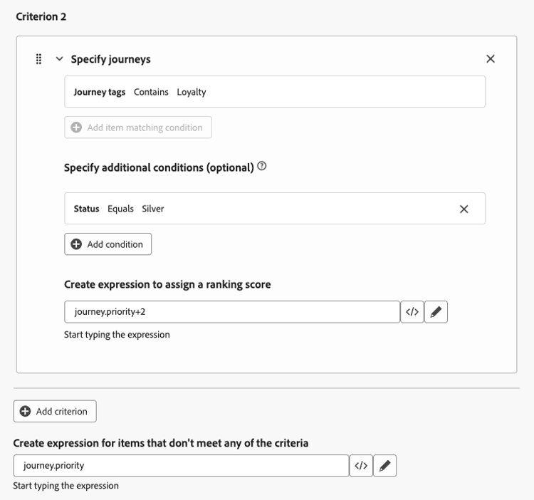 Ranking formula: Loyalty tag with Silver status uses journey priority plus 2