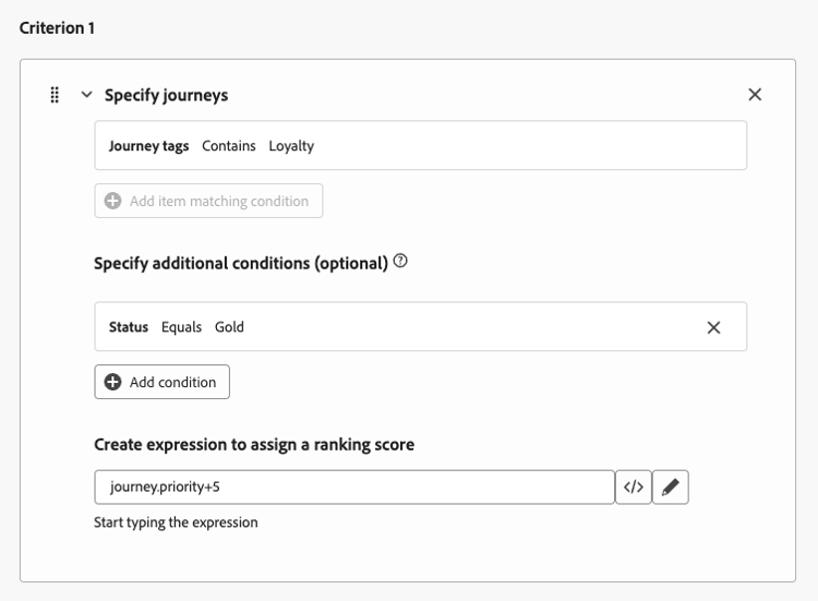 Ranking formula: Loyalty tag with Gold status uses journey priority plus 5