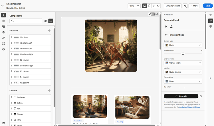 Image settings panel displaying Content type, Visual intensity, Color and tone, Lighting, and Composition options