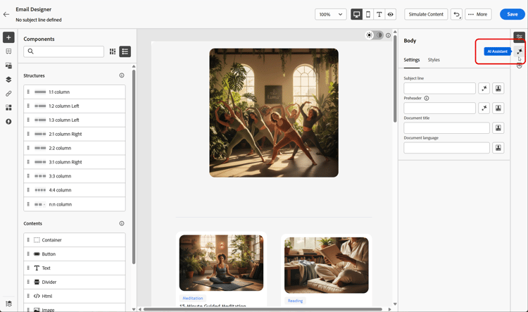 AI Assistant panel showing brand selection and prompt field