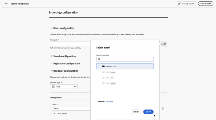 Items configuration menu with the Items path field selected