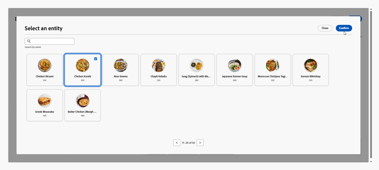 Browsing integration item selector with search and pagination in the content editor