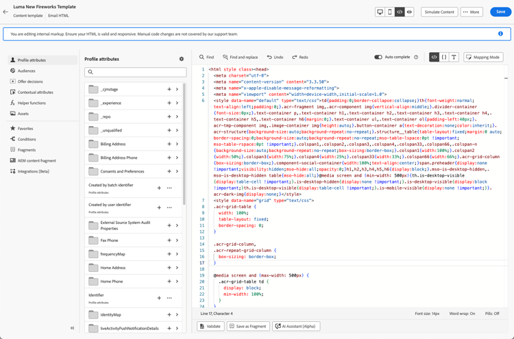 Advanced HTML editor interface showing email template source code