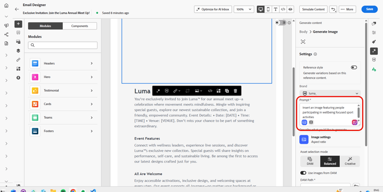 Generate Content image generation panel with options