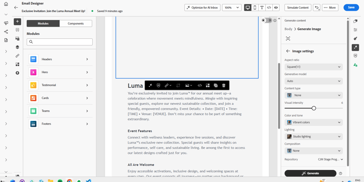 Image settings panel with controls