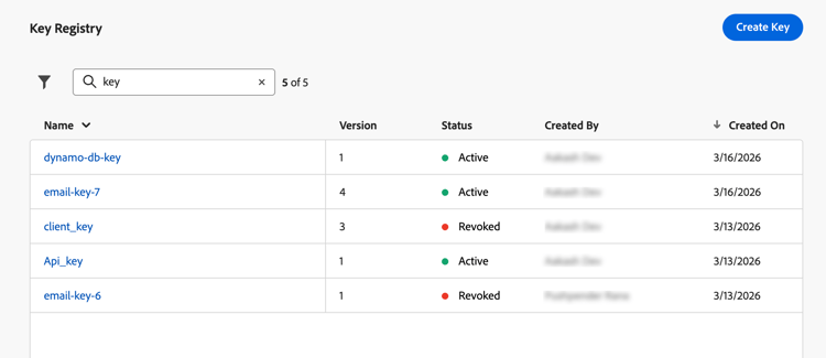 Key registry list view