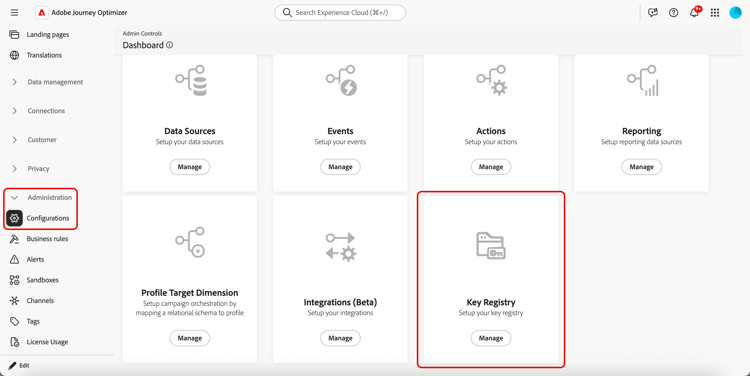 Key registry section in Administration menu