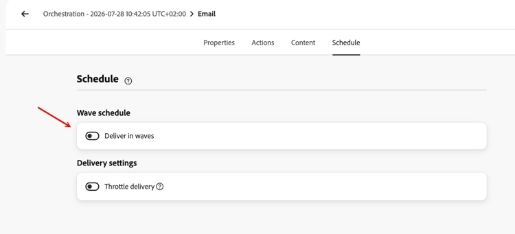 Channel activity Schedule tab with the Deliver in waves toggle enabled under Wave schedule