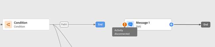 Warning icon showing disconnected activities in journey canvas