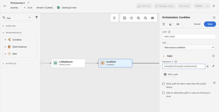 Condition activity in journey canvas with multiple path options